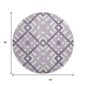 HomeRoots 8' Purple And Ivory Geometric Washable Round Rug - Durable, UV-Protected & Stylish for Every Space! 651415