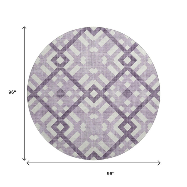 HomeRoots 8' Purple And Ivory Geometric Washable Round Rug - Durable, UV-Protected & Stylish for Every Space! 651415