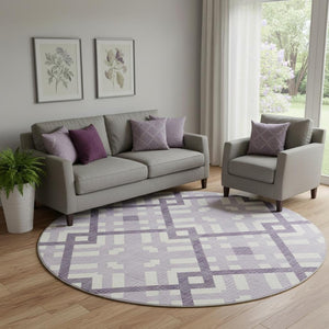 HomeRoots 8' Purple And Ivory Geometric Washable Round Rug - Durable, UV-Protected & Stylish for Every Space! 651415