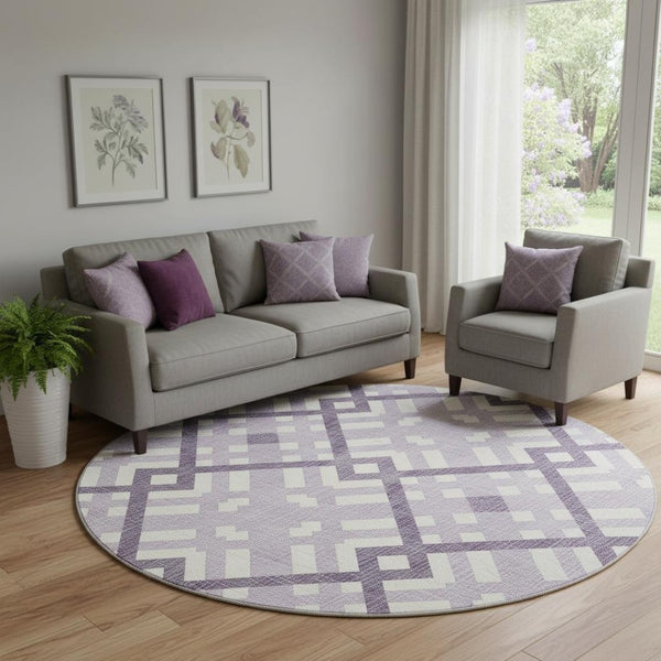 HomeRoots 8' Purple And Ivory Geometric Washable Round Rug - Durable, UV-Protected & Stylish for Every Space! 651415