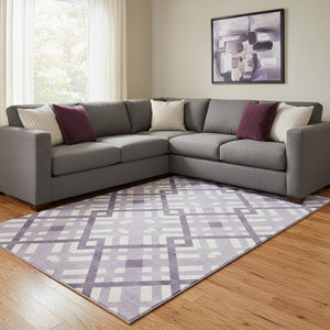 HomeRoots 8' X 10' Purple and Ivory Geometric Area Rug – Durable, Washable, UV-Protected for Busy Homes! 651416
