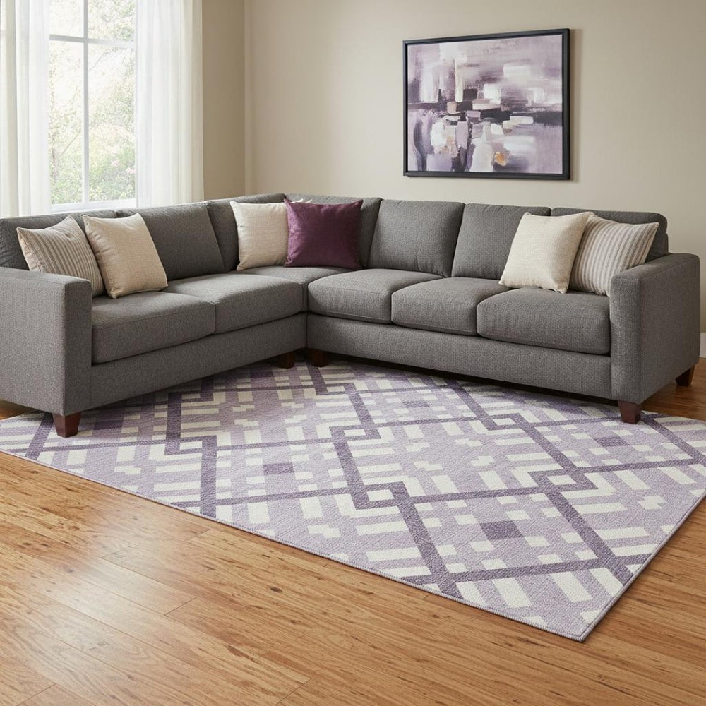 HomeRoots 9' X 12' Stylish Purple & Ivory Geometric Washable Area Rug with UV Protection for Home Décor 651417