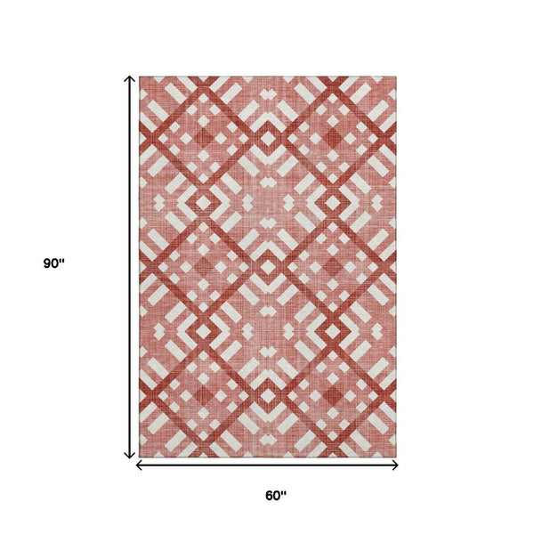 HomeRoots 5' X 8' Red Geometric Area Rug - Washable, UV Protected, Stylish & Durable for Homes with Kids & Pets 651420