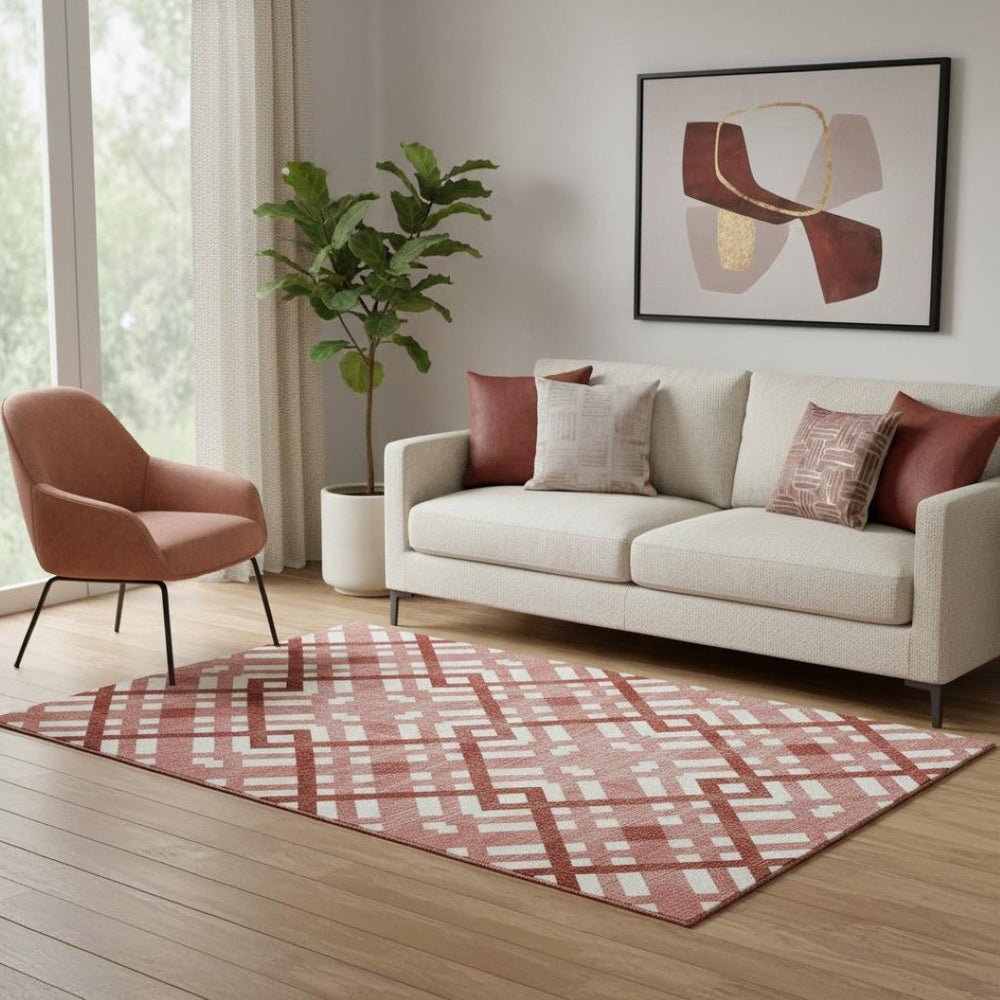 HomeRoots 5' X 8' Red Geometric Area Rug - Washable, UV Protected, Stylish & Durable for Homes with Kids & Pets 651420