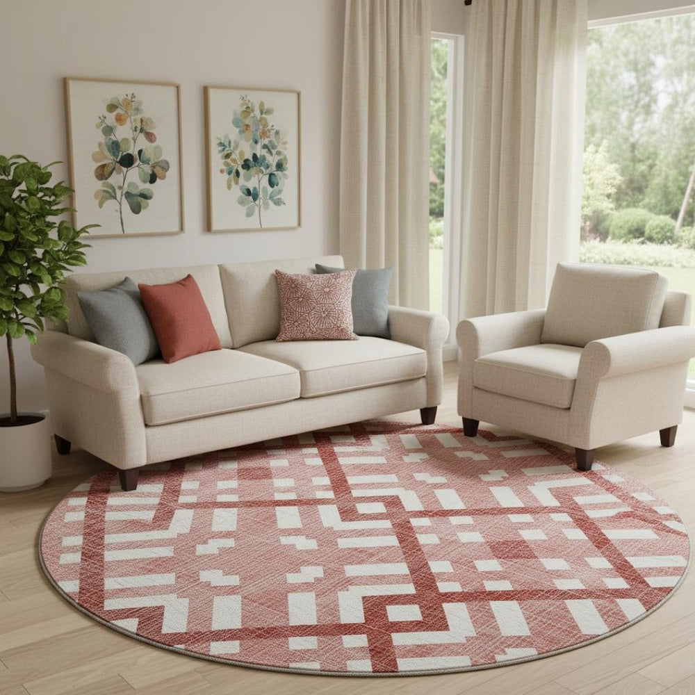 HomeRoots 8' Red and Ivory Geometric Washable Round Rug - Durable, Stain-Resistant with UV Protection for Homes 651421
