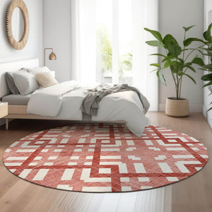 HomeRoots 8' Red and Ivory Geometric Washable Round Rug - Durable, Stain-Resistant with UV Protection for Homes 651421