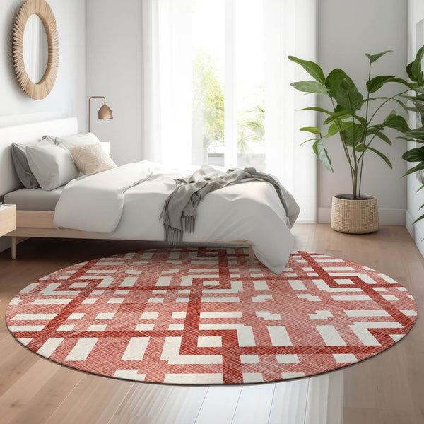 HomeRoots 8' Red and Ivory Geometric Washable Round Rug - Durable, Stain-Resistant with UV Protection for Homes 651421