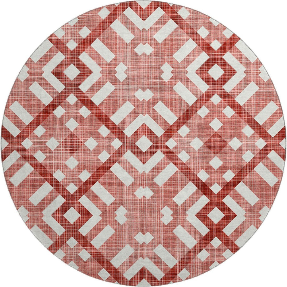 HomeRoots 8' Red and Ivory Geometric Washable Round Rug - Durable, Stain-Resistant with UV Protection for Homes 651421