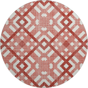 HomeRoots 8' Red and Ivory Geometric Washable Round Rug - Durable, Stain-Resistant with UV Protection for Homes 651421