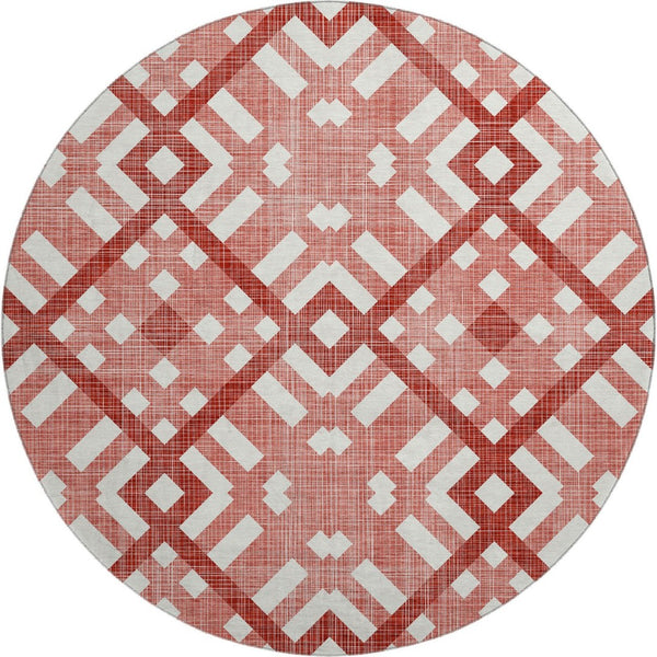 HomeRoots 8' Red and Ivory Geometric Washable Round Rug - Durable, Stain-Resistant with UV Protection for Homes 651421