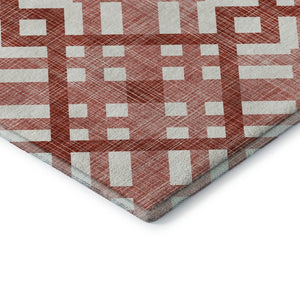 HomeRoots 8' Red and Ivory Geometric Washable Round Rug - Durable, Stain-Resistant with UV Protection for Homes 651421