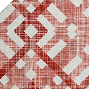 HomeRoots 8' Red and Ivory Geometric Washable Round Rug - Durable, Stain-Resistant with UV Protection for Homes 651421