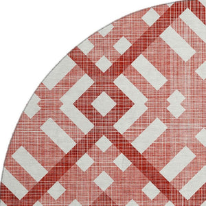HomeRoots 8' Red and Ivory Geometric Washable Round Rug - Durable, Stain-Resistant with UV Protection for Homes 651421