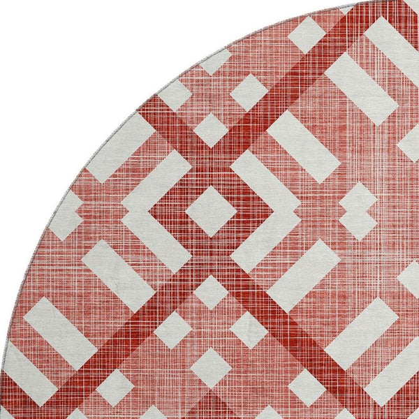 HomeRoots 8' Red and Ivory Geometric Washable Round Rug - Durable, Stain-Resistant with UV Protection for Homes 651421