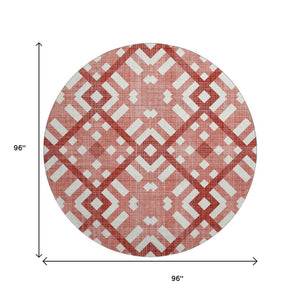 HomeRoots 8' Red and Ivory Geometric Washable Round Rug - Durable, Stain-Resistant with UV Protection for Homes 651421