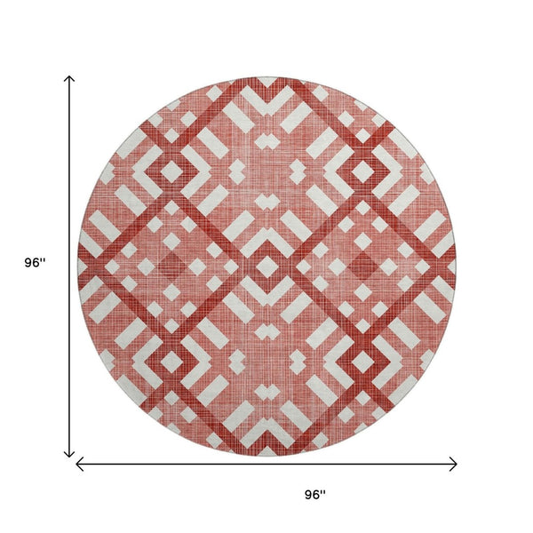 HomeRoots 8' Red and Ivory Geometric Washable Round Rug - Durable, Stain-Resistant with UV Protection for Homes 651421
