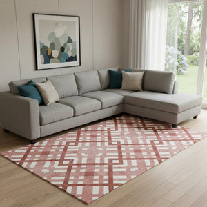 HomeRoots 8' X 10' Red And Ivory Geometric Area Rug – Durable, Washable, UV-Protected, Perfect for High-Traffic Spaces! 651422