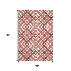HomeRoots 9' X 12' Red and Ivory Geometric Area Rug - Washable, UV-Protected, Durable for High-Traffic Spaces 651423
