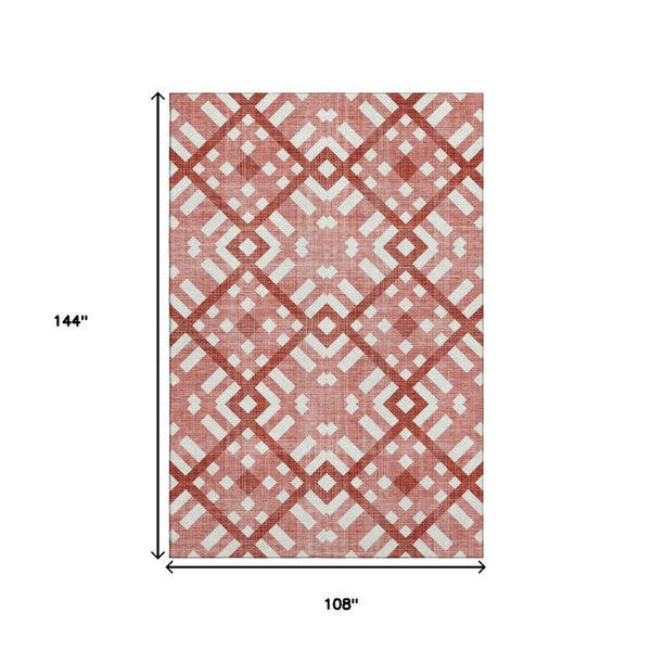 HomeRoots 9' X 12' Red and Ivory Geometric Area Rug - Washable, UV-Protected, Durable for High-Traffic Spaces 651423