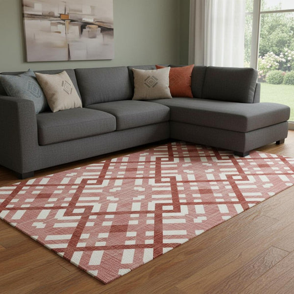 HomeRoots 9' X 12' Red and Ivory Geometric Area Rug - Washable, UV-Protected, Durable for High-Traffic Spaces 651423