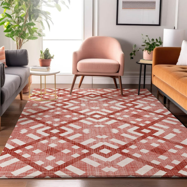 HomeRoots 10' X 14' Red and Ivory Geometric Area Rug - Washable, UV Protected, Perfect for Busy Homes! 651424