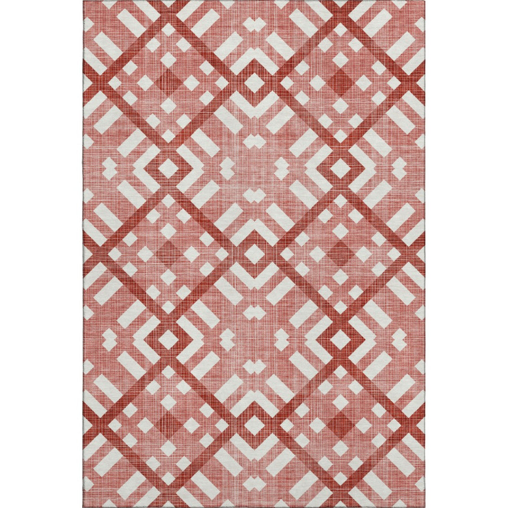 HomeRoots 10' X 14' Red and Ivory Geometric Area Rug - Washable, UV Protected, Perfect for Busy Homes! 651424
