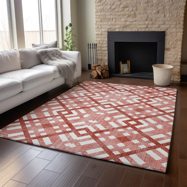HomeRoots 10' X 14' Red and Ivory Geometric Area Rug - Washable, UV Protected, Perfect for Busy Homes! 651424