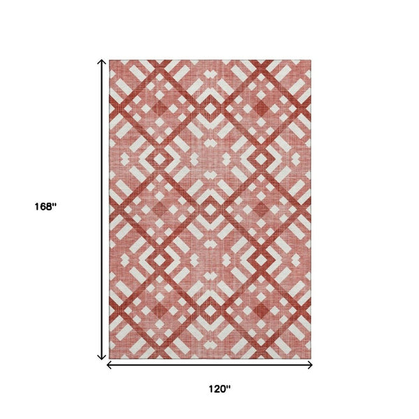 HomeRoots 10' X 14' Red and Ivory Geometric Area Rug - Washable, UV Protected, Perfect for Busy Homes! 651424