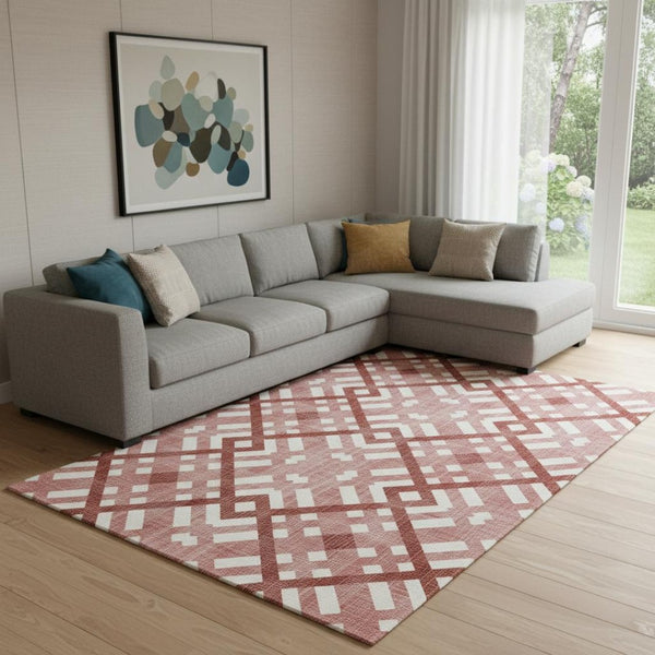 HomeRoots 10' X 14' Red and Ivory Geometric Area Rug - Washable, UV Protected, Perfect for Busy Homes! 651424