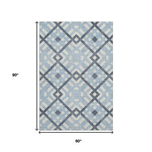 HomeRoots 5' X 8' Sky Blue & Ivory Geometric Area Rug - Washable, UV Protected, Durable for Family Spaces 651426