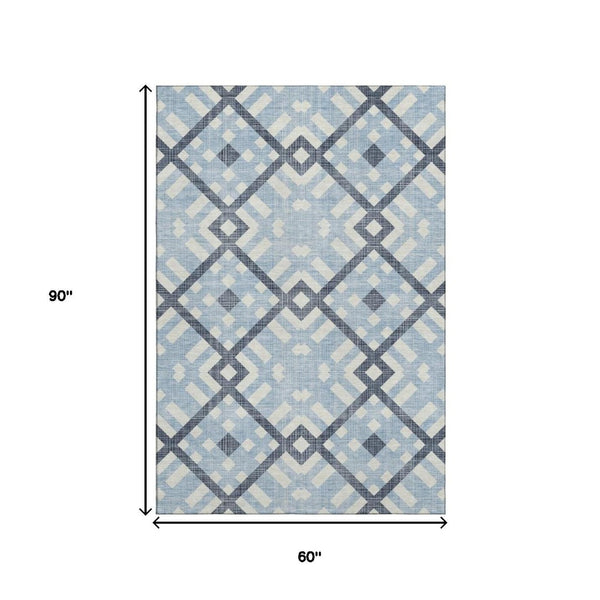 HomeRoots 5' X 8' Sky Blue & Ivory Geometric Area Rug - Washable, UV Protected, Durable for Family Spaces 651426