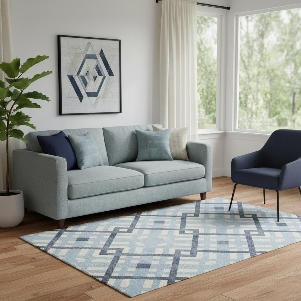 HomeRoots 5' X 8' Sky Blue & Ivory Geometric Area Rug - Washable, UV Protected, Durable for Family Spaces 651426