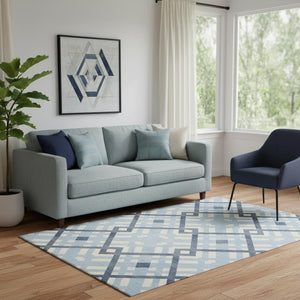 HomeRoots 5' X 8' Sky Blue & Ivory Geometric Area Rug - Washable, UV Protected, Durable for Family Spaces 651426