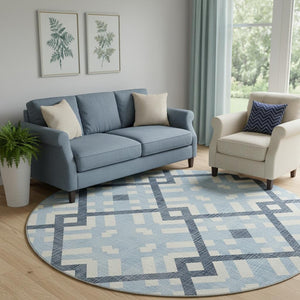 HomeRoots 8' Sky Blue and Ivory Geometric Washable Round Rug - Stain Resistant, UV Protected, Kid & Pet Friendly! 651427
