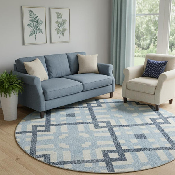 HomeRoots 8' Sky Blue and Ivory Geometric Washable Round Rug - Stain Resistant, UV Protected, Kid & Pet Friendly! 651427