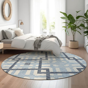 HomeRoots 8' Sky Blue and Ivory Geometric Washable Round Rug - Stain Resistant, UV Protected, Kid & Pet Friendly! 651427