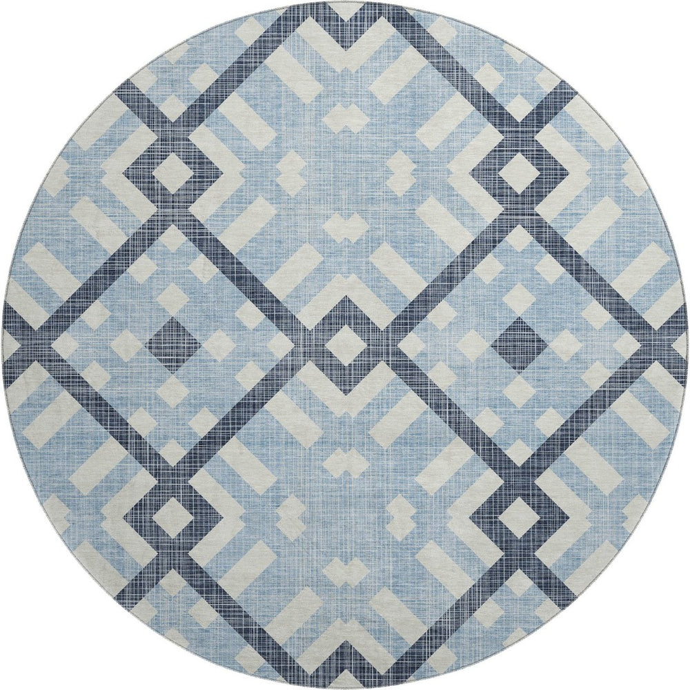 HomeRoots 8' Sky Blue and Ivory Geometric Washable Round Rug - Stain Resistant, UV Protected, Kid & Pet Friendly! 651427