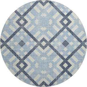 HomeRoots 8' Sky Blue and Ivory Geometric Washable Round Rug - Stain Resistant, UV Protected, Kid & Pet Friendly! 651427