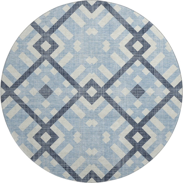 HomeRoots 8' Sky Blue and Ivory Geometric Washable Round Rug - Stain Resistant, UV Protected, Kid & Pet Friendly! 651427