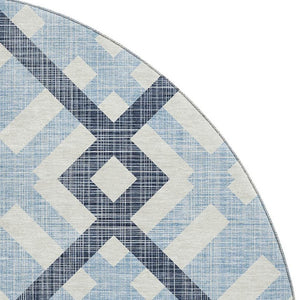 HomeRoots 8' Sky Blue and Ivory Geometric Washable Round Rug - Stain Resistant, UV Protected, Kid & Pet Friendly! 651427