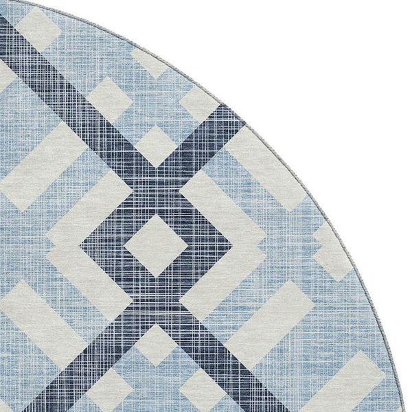 HomeRoots 8' Sky Blue and Ivory Geometric Washable Round Rug - Stain Resistant, UV Protected, Kid & Pet Friendly! 651427