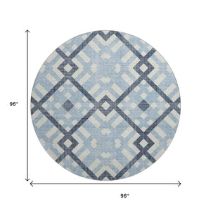 HomeRoots 8' Sky Blue and Ivory Geometric Washable Round Rug - Stain Resistant, UV Protected, Kid & Pet Friendly! 651427