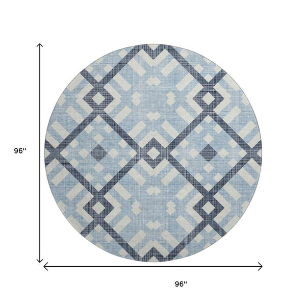 HomeRoots 8' Sky Blue and Ivory Geometric Washable Round Rug - Stain Resistant, UV Protected, Kid & Pet Friendly! 651427