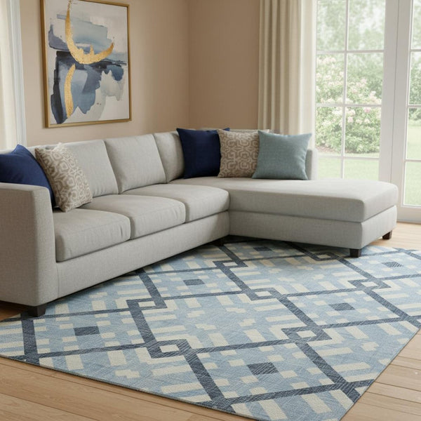 HomeRoots 8' X 10' Sky Blue Geometric Area Rug - Washable, UV Protected, Stylish for Living Rooms & Nurseries 651428