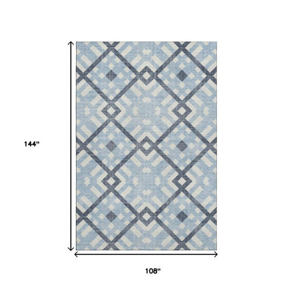 HomeRoots 9' X 12' Sky Blue & Ivory Geometric Area Rug - Washable, UV Protected, Kid & Pet Friendly Design! 651429