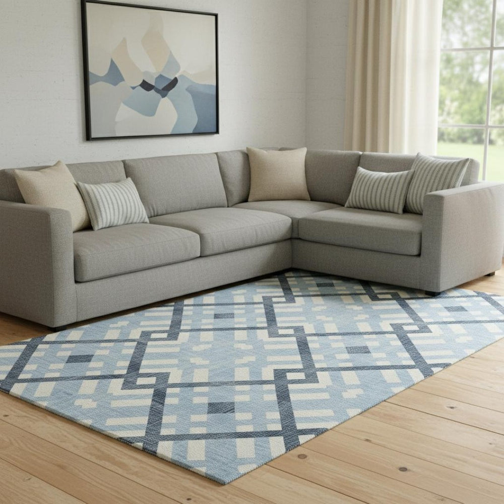 HomeRoots 9' X 12' Sky Blue & Ivory Geometric Area Rug - Washable, UV Protected, Kid & Pet Friendly Design! 651429