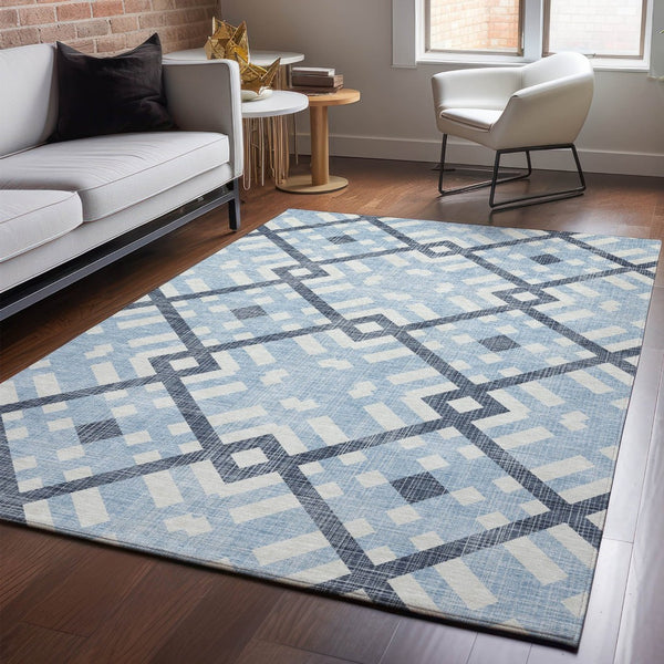 HomeRoots 9' X 12' Sky Blue & Ivory Geometric Area Rug - Washable, UV Protected, Kid & Pet Friendly Design! 651429