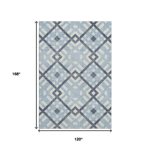 HomeRoots 10' X 14' Sky Blue and Ivory Geometric Washable Area Rug with UV Protection for Modern Homes 651430