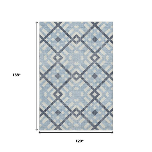 HomeRoots 10' X 14' Sky Blue and Ivory Geometric Washable Area Rug with UV Protection for Modern Homes 651430