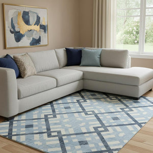 HomeRoots 10' X 14' Sky Blue and Ivory Geometric Washable Area Rug with UV Protection for Modern Homes 651430